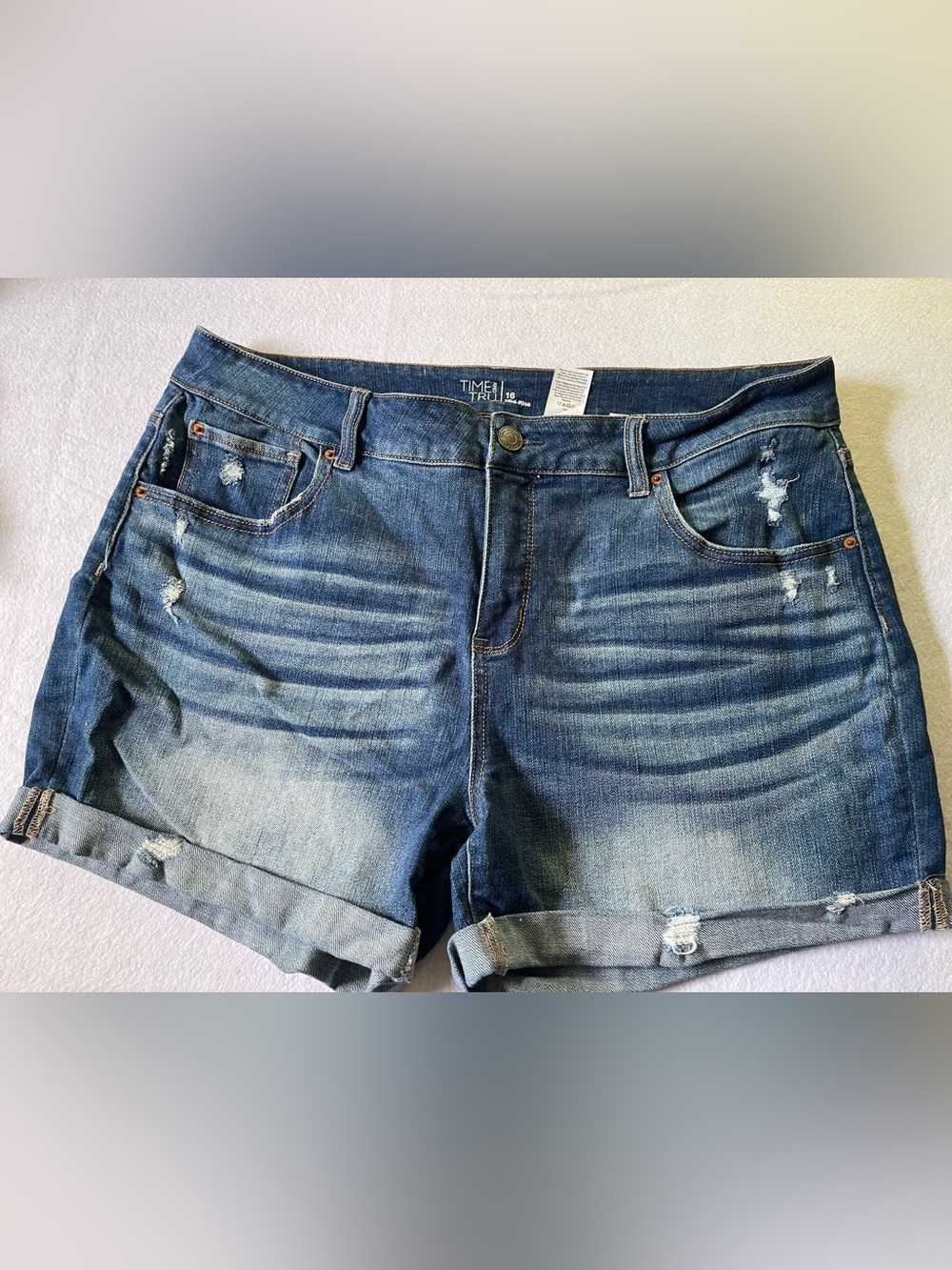 Time and Tru Blue Washed Distressed Rolled-Hem Jean Shorts